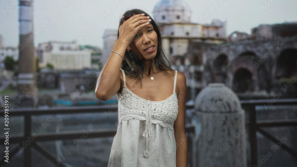 Fototapeta premium Woman touching forehead with hand at a building ruins site near stone railing and dome; tired reflection.