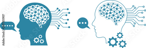 Artificial intelligence and human brain concept, two head silhouettes with neural network gears and circuit lines representing machine learning technology
