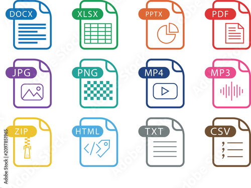 Set of 12 flat file type icons, document spreadsheet presentation image audio video and archive format vector symbols