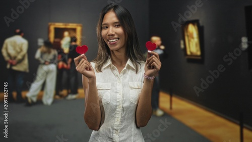 Foto Young thai woman smiles and holds two small red felt hearts between her fingers while standing in a public building gallery with visitors viewing framed paintings; affectionate joy