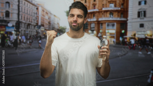 Schilderij op canvas Hispanic man with beard holding a water bottle and giving thumbs up with right hand on a busy street; hydration confidence