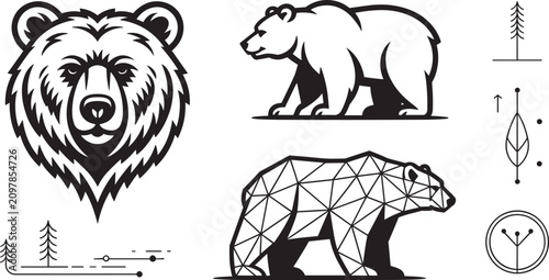 Bild auf Leinwand Bear vector illustration set featuring geometric origami grizzly head silhouette