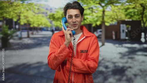 Bild auf Leinwand Man in orange prison jumpsuit holds blue handset to ear, gestures to chest and folds arm in front of a building lined with trees; casual conversation