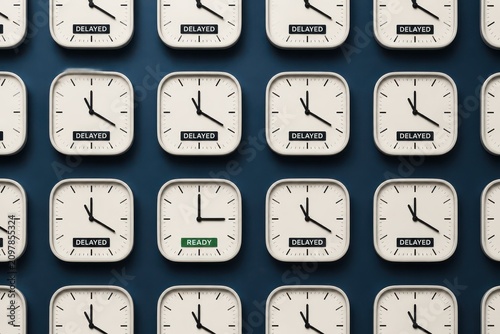 Rows of analog clocks showing delayed and ready status on a blue background