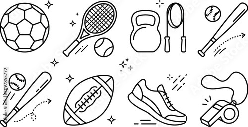 Tableau sur toile Sports equipment fitness line art vector collection featuring soccer ball tennis