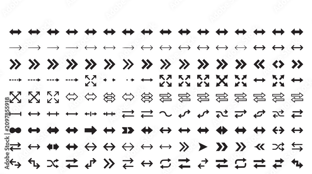 Fototapeta premium A comprehensive collection of black and white directional arrow featuring various styles including double-headed, curved, diagonal, and multi-directional symbols arranged in a grid pattern