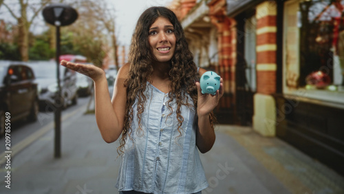 Φωτογραφία Woman with long curly hair holding blue piggybank, palm up shrug, glancing aside on street with parked cars and storefront; financial worry