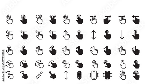 Photos Set of black and white hand gesture for touchscreen devices, including tap, swip