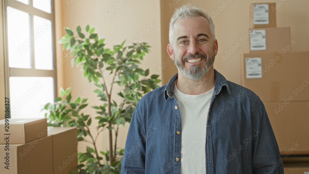 Fototapeta premium Man smiles beside stacked cardboard packages and a leafy plant near a window in a building; small business trust.