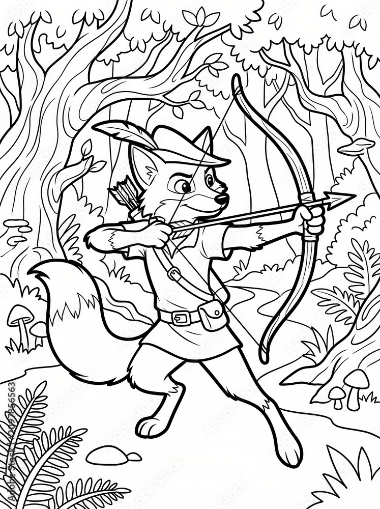 Fototapeta premium Coloring page, agile fox archer aiming a bow and arrow.
