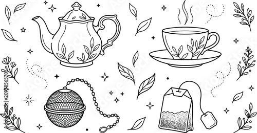 Obraz na płótnie Herbal tea time line art vector collection featuring vintage teapot hot cup stra