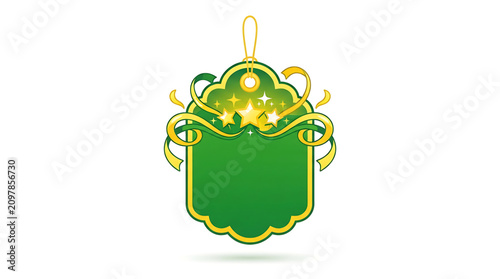 A green and gold vector graphic label with a star and ribbon design