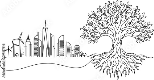 Continuous one line drawing of eco friendly city skyline and tree roots, green energy architecture vector
