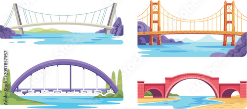 Tableau sur toile Bridge architecture vector illustration collection featuring flat suspension, ar