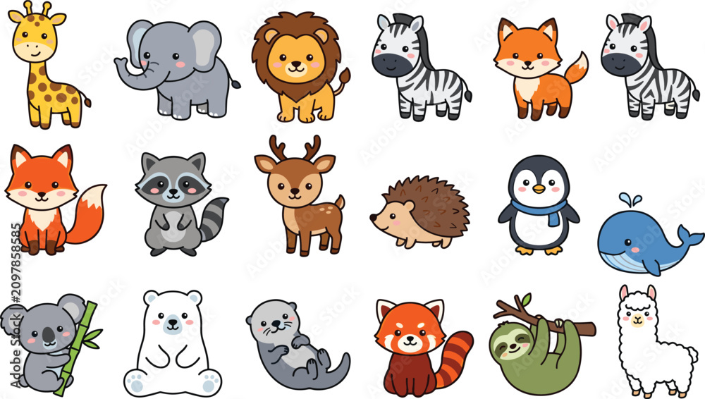 Fototapeta premium Cute Woodland and Safari Animal Vector Collection with Fox, Lion, Elephant, Zebra, Penguin, Whale, Sloth, Koala, and Baby Wildlife Characters