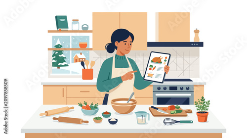Young woman following online recipe on digital tablet in modern kitchen flat vector illustration.