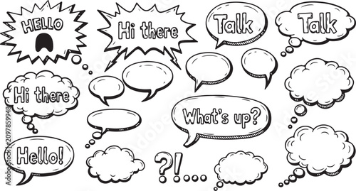Doodle conversation clouds. Dialogue chat bubbles with small talk phrases, think or talk clouds. Hand drawn speech bubbles vector symbols set. 