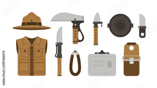 Collection of Outdoor Adventure Gear Including a Hat Vest Tools and Equipment for Exploration and Survival Situations on a Light Grey Surface Representing Wilderness Activity and Readiness labor