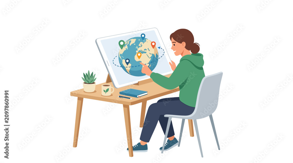 Fototapeta premium Young woman student studying geography on interactive digital tablet screen with world globe map flat vector illustration.
