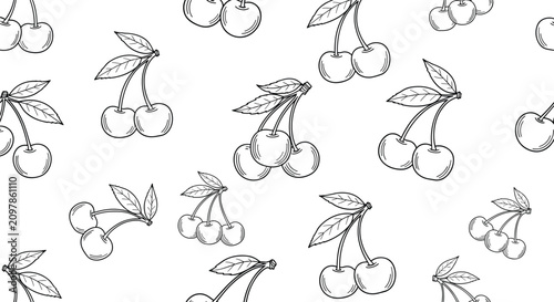 Cuadro en lienzo Seamless background pattern of hand-drawn sweet cherry branches with leaves in a vintage monochrome style
