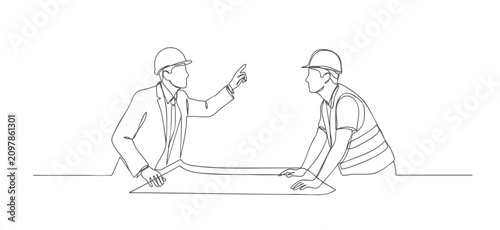 Continuous one line drawing of architect giving construction instructions to site engineer while reviewing architectural blueprint isolated on white background.