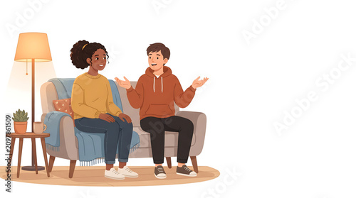 A vector graphic illustration of two people having a conversation on a couch in a cozy living room setting.