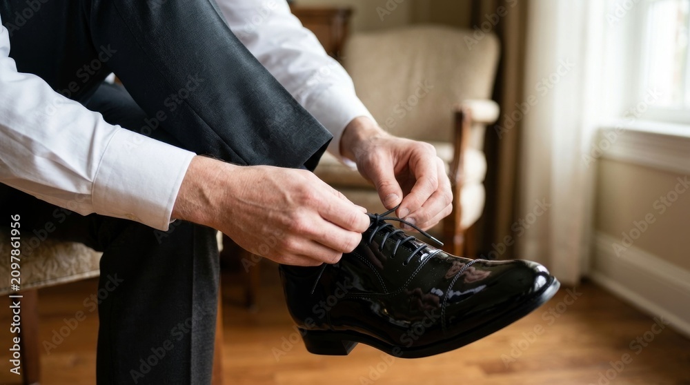 Fototapeta premium Groom tying his black patent leather dress shoes before wedding ceremony.