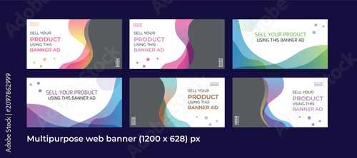 Bild auf Leinwand Multipurpose web banner template design pack in 1200 x 628 pixels with abstract colorful gradient fluid curves for blog header, social media cover, and digital ads