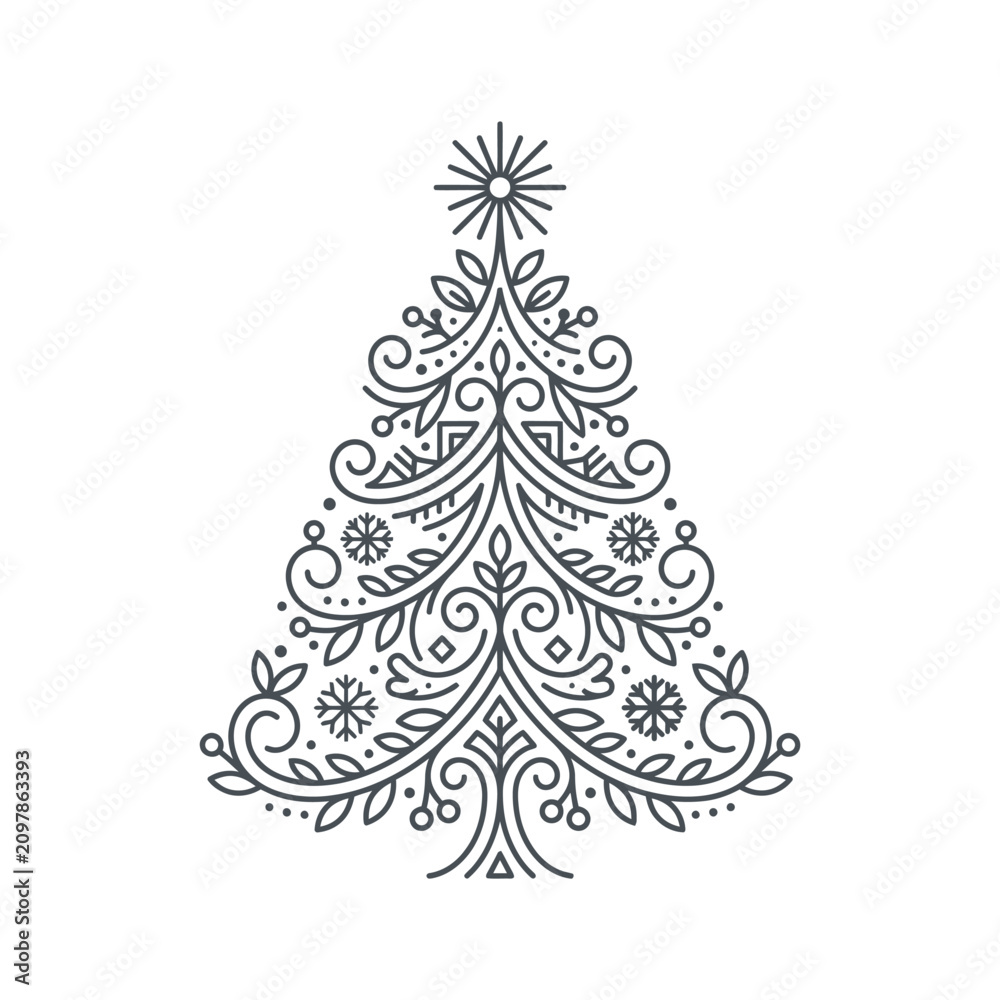 Obraz premium Elegant Christmas Tree Outline Illustration with Ornaments