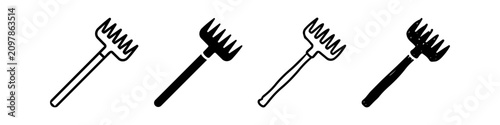 Bild auf Leinwand Set of four garden rake and pitchfork icons in various styles, including outline, silhouette, and hand-drawn versions
