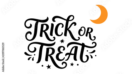 Canvas Print Trick or Treat Calligraphy: A spooky and festive Trick or Treat message in black calligraphy, adorned with stars, under a crescent moon, perfect for Halloween celebrations