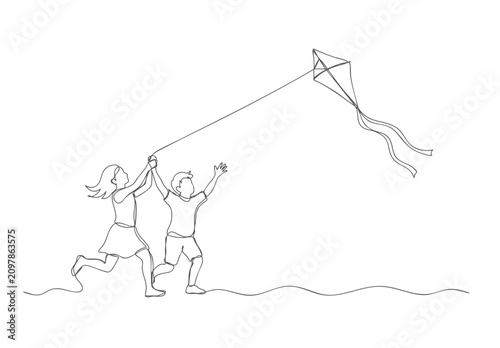  Continuous one line drawing of happy children flying kite outdoors with playful childhood and freedom concept isolated on white background.