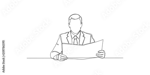 Businessman sitting at a desk reading a newspaper continuous single line drawing