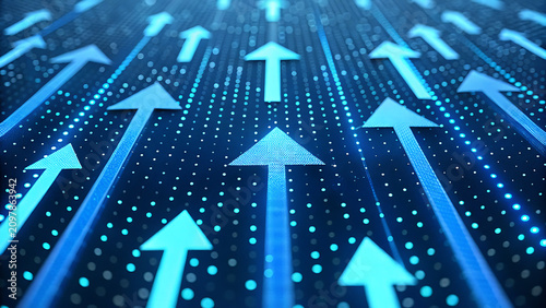 Futuristic digital growth arrows pointing upward. 3D blue technology data flow with upward trending direction indicators