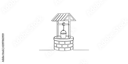 Photos Single continuous line drawing of an old stone water well with a hanging bucket