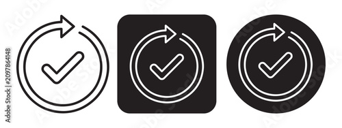 Update complete vector icons with circular arrow and checkmark for successful sync system refresh and approved cycle UI graphic design.