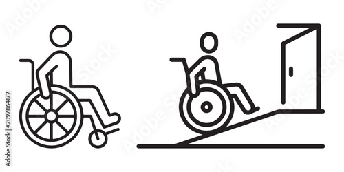 Wheelchair accessibility vector icons featuring a disabled person using a wheelchair ramp to enter a building door for inclusive design.