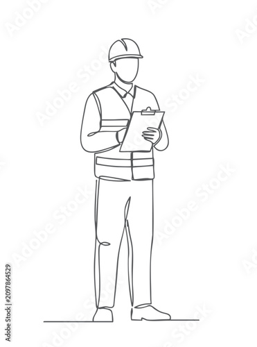 Continuous line art of site inspector completing safety checklist on clipboard isolated on white background.