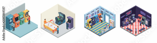 Isometric arcade game room vector illustrations with people playing video games and air hockey