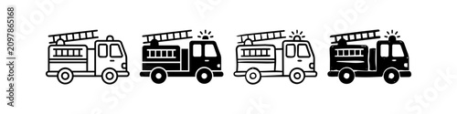 Photos Set of four hand-drawn fire truck icons in outline and solid styles