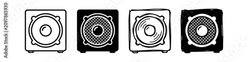 Foto Set of four speaker and subwoofer icons in various black and white styles, featuring line art, solid, and hand-drawn doodle versions for audio, music, and multimedia graphic design