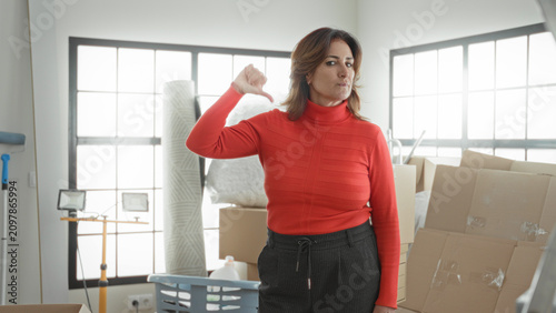Foto Woman in red turtleneck shows thumbs down while standing by packed boxes and rolled rug in an apartment inside a building; frustration
