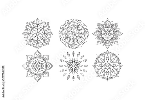 Set of six outline mandalas in black line work on transparent background.