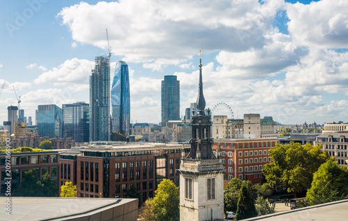London view, skyscrapers on south embankment and London Eye at distance 
