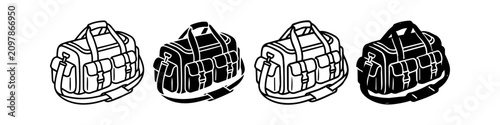 Tableau sur toile Vector illustration set of travel duffel bags in black and white line art and silhouette styles