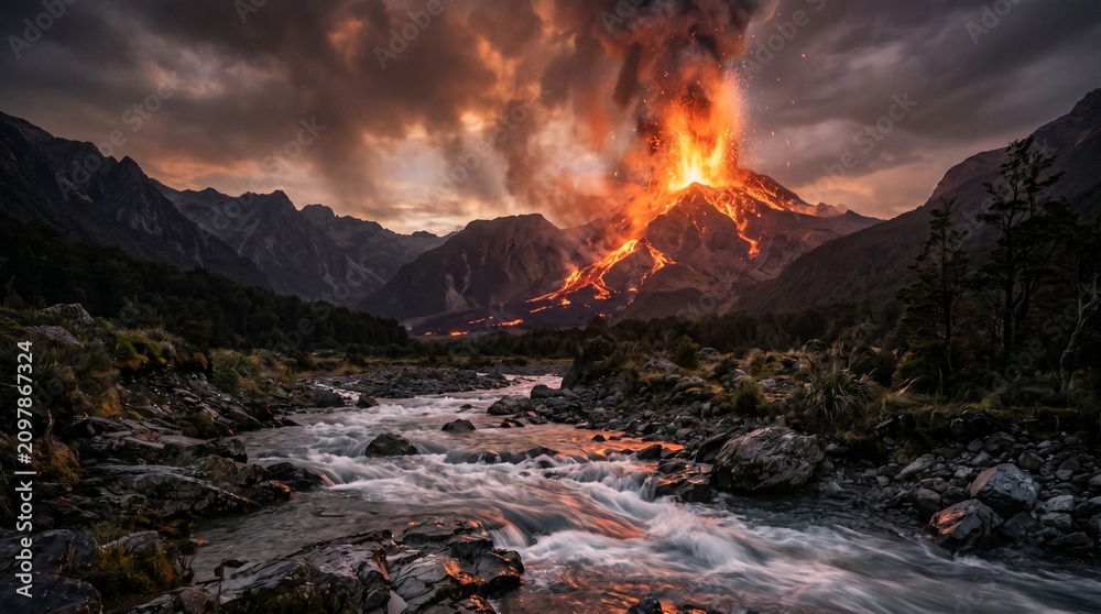 Naklejka premium Volcanic eruption landscape. Fiery mountain with flowing lava and river.
