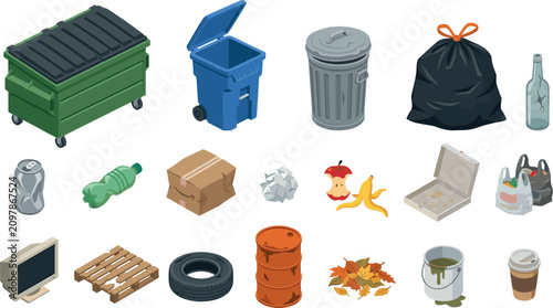 Foto Isometric Waste Management and Garbage Element Set with Green Dumpster Wheelie B
