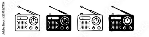 Fotografie Set of four portable radio icons in various graphic styles, including line art, silhouette, and hand-drawn doodles
