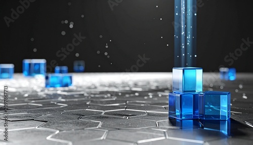 Glowing Blue Cube Pyramid with Light Beam Symbolizing Blockchain, Data Networks, and Futuristic Photography Design