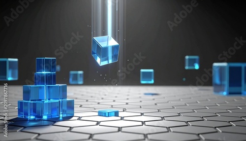 Glowing Blue Cube Pyramid with Light Beam Symbolizing Blockchain, Data Networks, and Futuristic Photography Design
